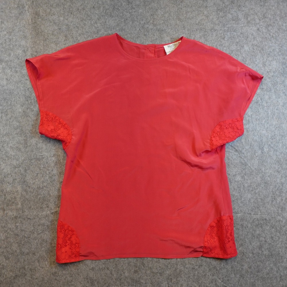 Max Mara Top Women 10 Red Silk Lace Trim Short Sleeve Button Back Blouse Italy